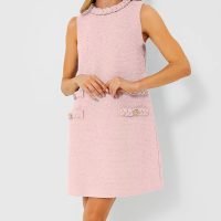 Women's Tweed Jackie Dress Crew Neck Sleeveless Elegant Vintage Button Bodycon A-line Mini Dresses