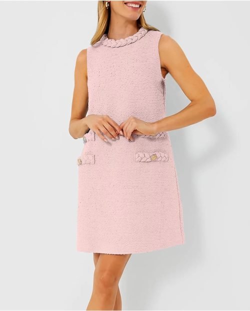 Women's Tweed Jackie Dress Crew Neck Sleeveless Elegant Vintage Button Bodycon A-line Mini Dresses