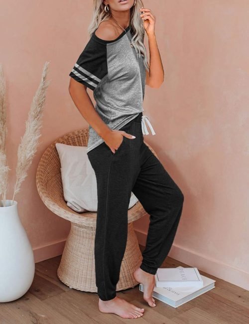 Lounge Sets For Women Two Piece Outfits Loungewear Short Sleeve Crewneck Jogger Pajama Set and Sweatpants Tracksuit