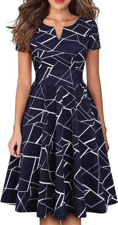 Women's Vintage Pleated Flared Swing A-Line Casual Party Work Dresses