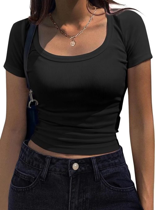 Women's Short Sleeve T Shirts Casual Summer Basic Scoop Neck Slim Fit Rib Knit Business Work Tee Tops