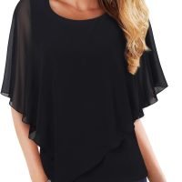 Women's Lightweight Flowy Shirt Double-Layered Printed Chiffon Poncho Blouse Top