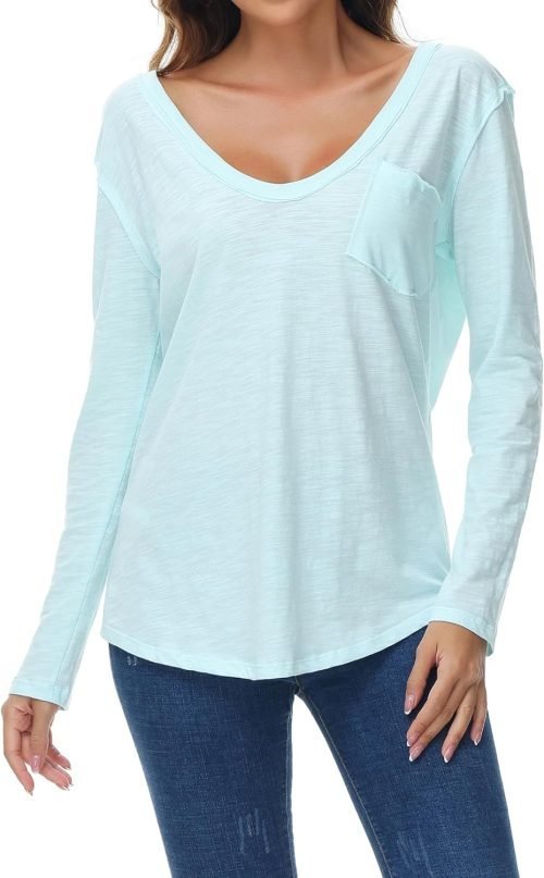 Women's Oversized T Shirts Fashion Long Sleeve Scoop Neck Top Shirts Loose fit Comfy Tees with Pockets