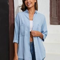 Women's Soft Tencel Denim Shirts Casual 3/4 Sleeve Button Down Blouses
