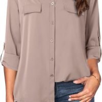 Women's Dressy Lapel Button Down Shirts for Work Office Business Casual Chiffon Blouse Tops