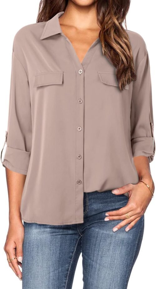 Women's Dressy Lapel Button Down Shirts for Work Office Business Casual Chiffon Blouse Tops