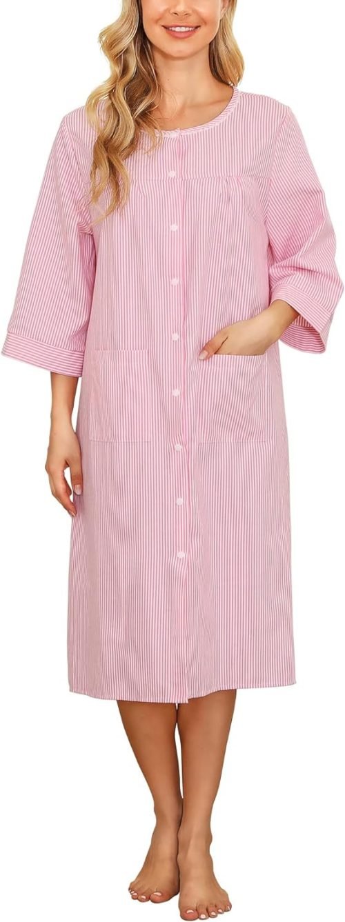 Women House Dress Snap Front Nightgown 3/4 Sleeve Housecoat Duster Robe with Pockets Moomoo Patio Dress