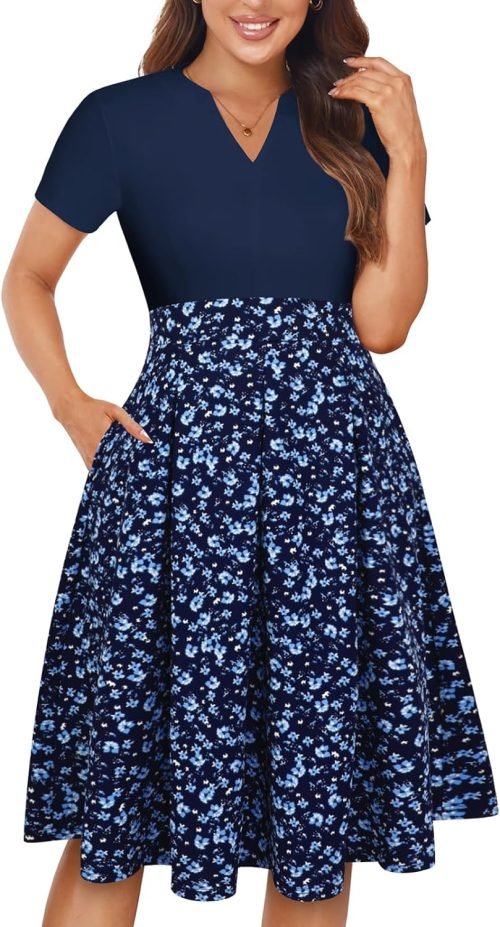 Womens Elegant Print Notched Neck Slant Pocket Pleated Hem Casual A-Line Dress