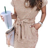 Women's Summer Striped Short Sleeve T Shirt Dress Casual Tie Waist with Pockets