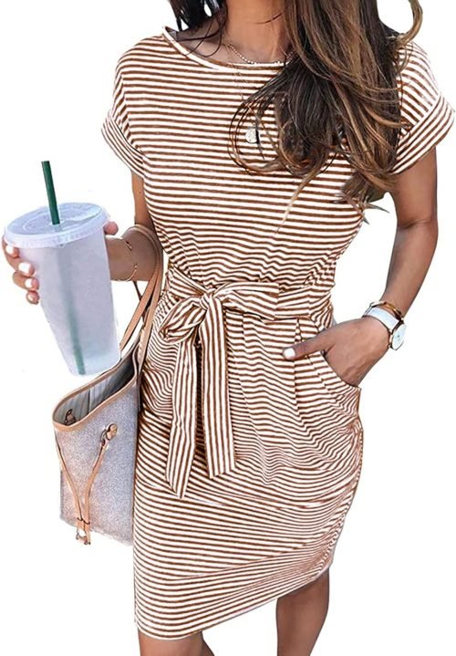 Women's Summer Striped Short Sleeve T Shirt Dress Casual Tie Waist with Pockets