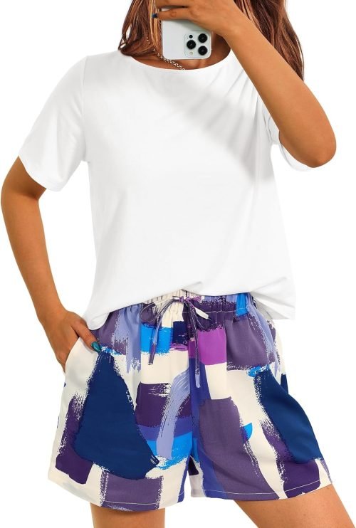 Womens 2 Piece Summer Short Sleeve Tops Printed Shorts Tracksuit