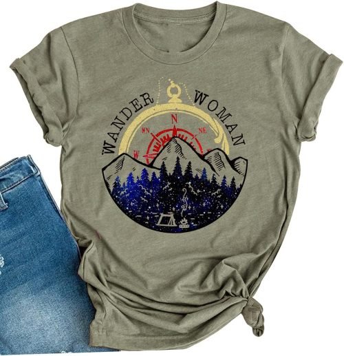 Women Mountain Camping T-Shirt Summer Camping Hiking Vacation Shirts Teen Girls Funny Forest Camper Tees Tops