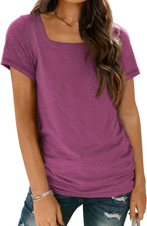Womens Tops Casual Spring Summer Tshirts 2024 Short Sleeve Square Neck Basic Tee Outfits