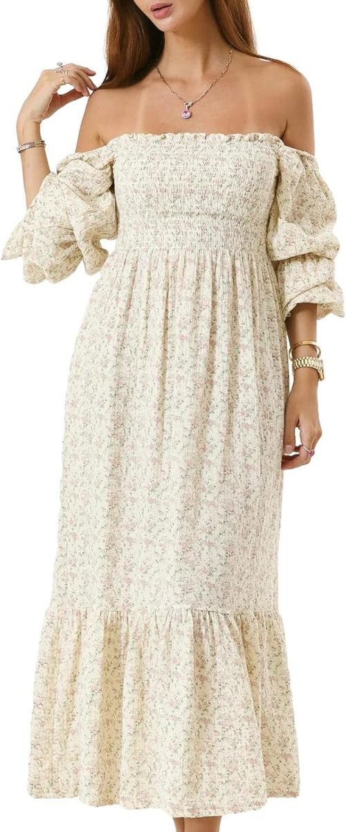 Women’s Floral Smocked Maxi Dress Boho Puff Sleeve Sweetheart A-Line Flowy Long Dresses Y2K Swing Beach Sundress