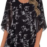 Women's Tops 3/4 Sleeve Blouses Dressy Casual Double Layers Mesh Tunic Shirts