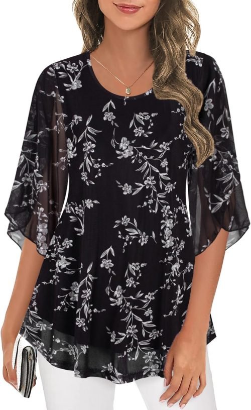 Women's Tops 3/4 Sleeve Blouses Dressy Casual Double Layers Mesh Tunic Shirts