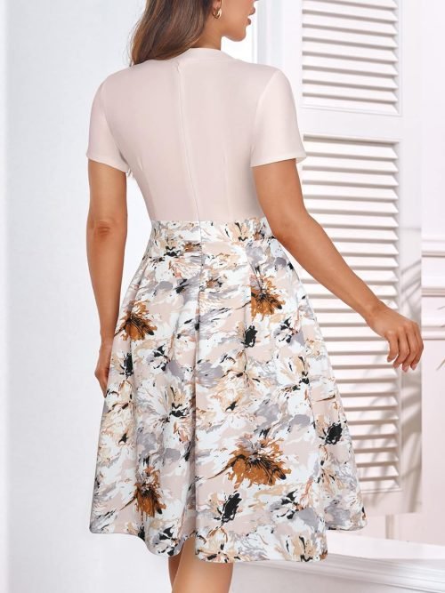 Womens Elegant Print Notched Neck Slant Pocket Pleated Hem Casual A-Line Dress