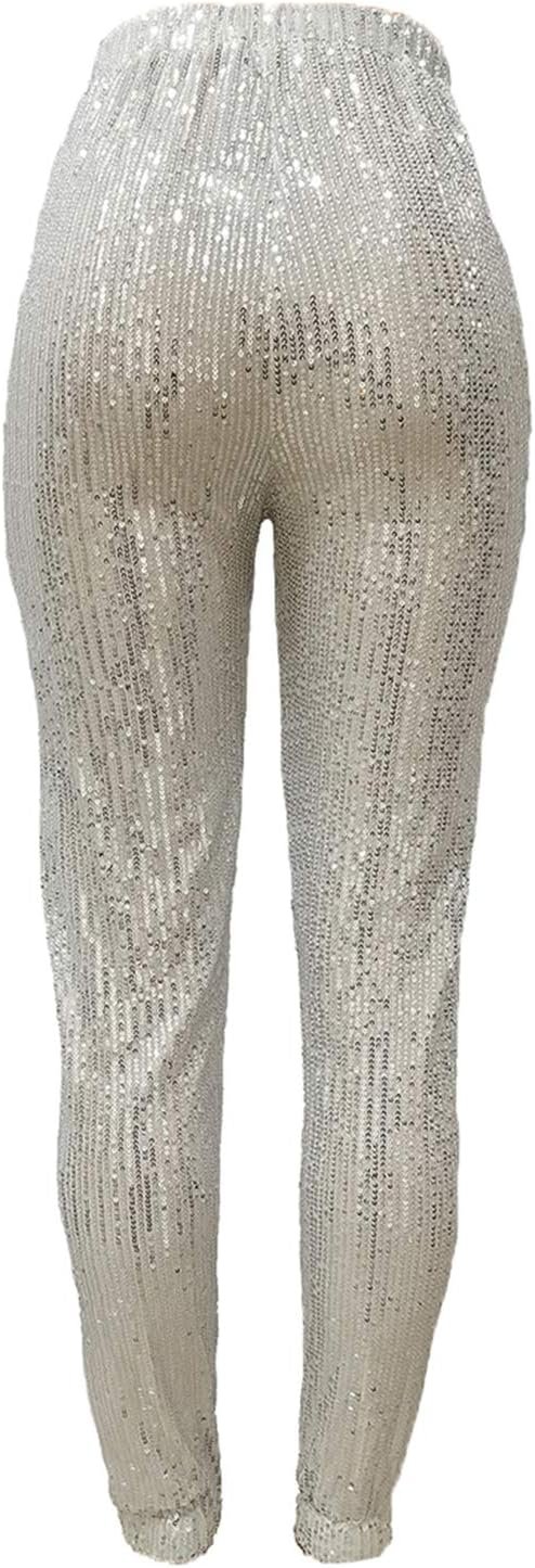 Women Casual Sequin Sparkle Glitter High Waist Pencil Pants Trousers Clubwear