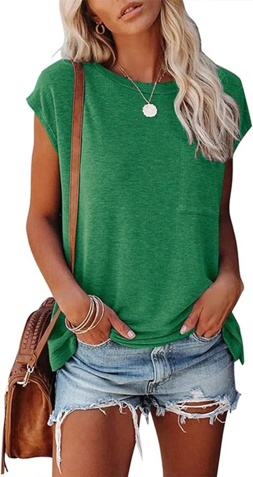 Womens Summer Short Cap Sleeve Shirts Solid Loose Fit Pocket Tunic Tops