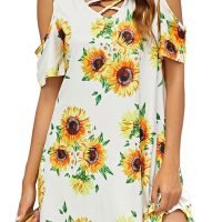 Women Summer Cold Shoulder Criss Cross Neckline Short Sleeve Casual Tunic Top Dress (S-3XL)