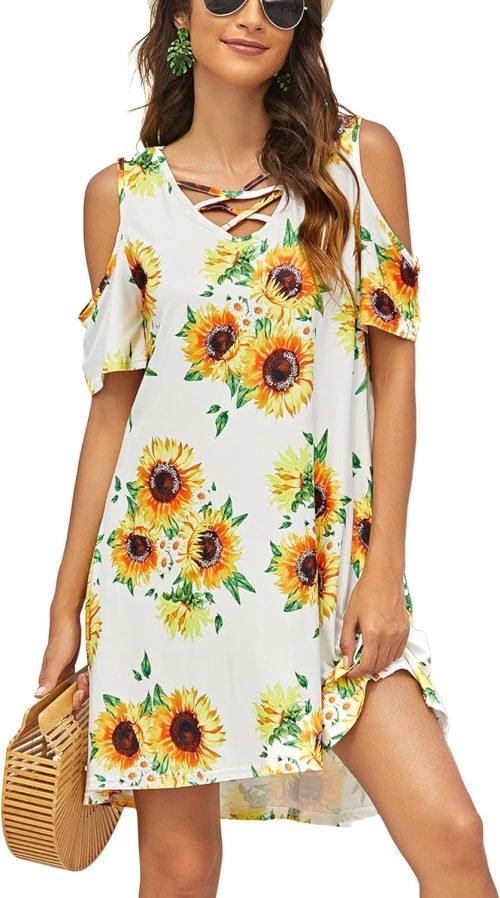 Women Summer Cold Shoulder Criss Cross Neckline Short Sleeve Casual Tunic Top Dress (S-3XL)