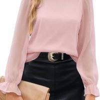 Womens Blouses Trendy Dressy Casual Tops Elegant Puff Long Sleeve Shirts Ruffle Mock Neck Plain Chiffon Outfits
