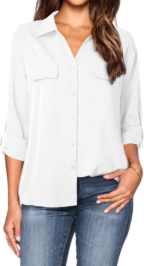 Women's Dressy Lapel Button Down Shirts for Work Office Business Casual Chiffon Blouse Tops