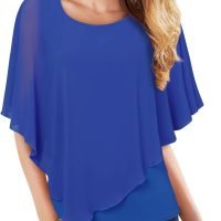 Women's Lightweight Flowy Shirt Double-Layered Printed Chiffon Poncho Blouse Top