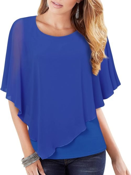 Women's Lightweight Flowy Shirt Double-Layered Printed Chiffon Poncho Blouse Top