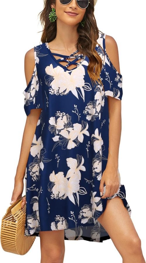 Women Summer Cold Shoulder Criss Cross Neckline Short Sleeve Casual Tunic Top Dress (S-3XL)