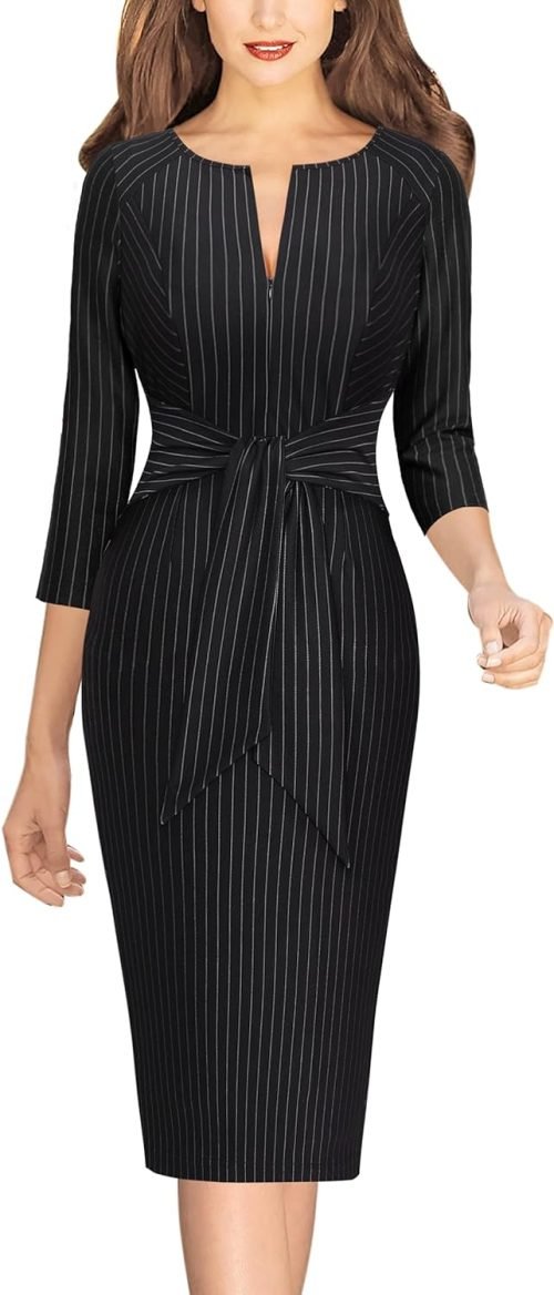Womens Front Zipper Tie Waist Slim Work Business Office Bodycon Pencil Dress