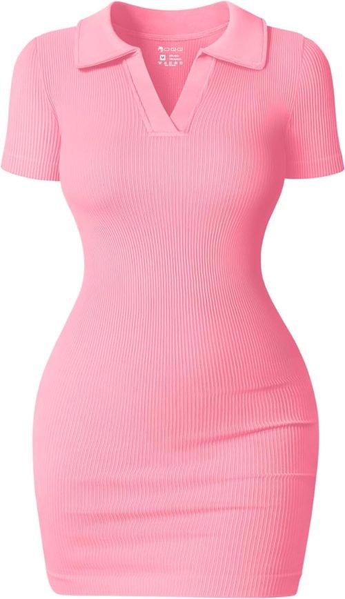 Women's Mini Dresses Sexy Ribbed Short Sleeve Tummy Control Bodycon Mini Dress