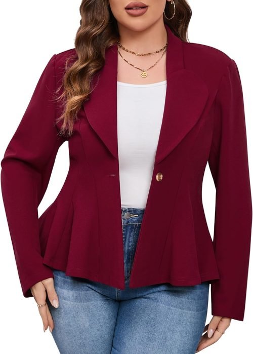 Women's Plus Size Blazer, Long Sleeve Flattering Business Casual Suit Jacket for Women Fashion Dressy