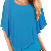 Women's Lightweight Flowy Shirt Double-Layered Printed Chiffon Poncho Blouse Top