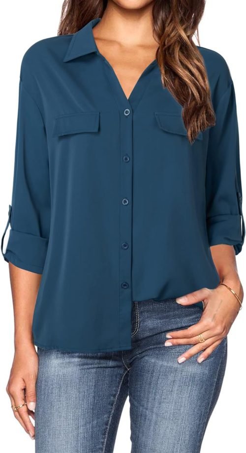 Women's Dressy Lapel Button Down Shirts for Work Office Business Casual Chiffon Blouse Tops