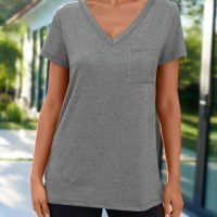 Womens T Shirts Short Sleeve V Neck Tops with Pockets Summer Fashion Trendy Soft Casual Comfy Outfits Clothes 2024