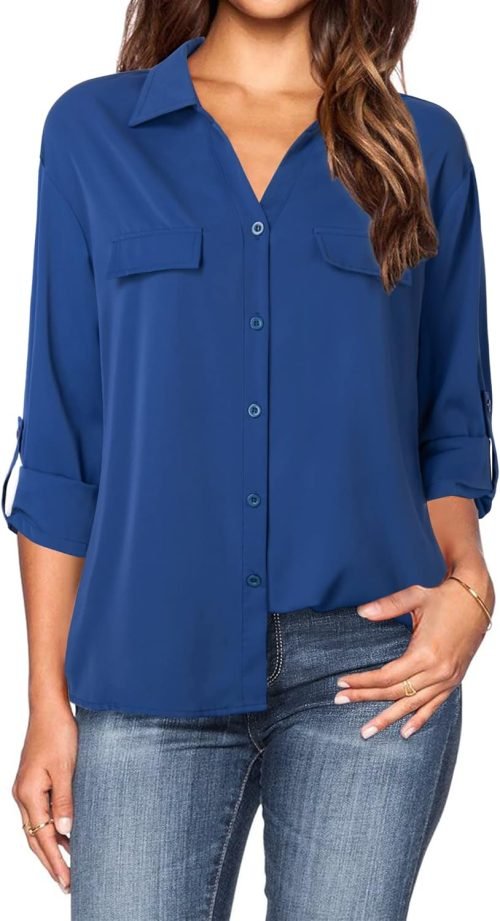 Women's Dressy Lapel Button Down Shirts for Work Office Business Casual Chiffon Blouse Tops