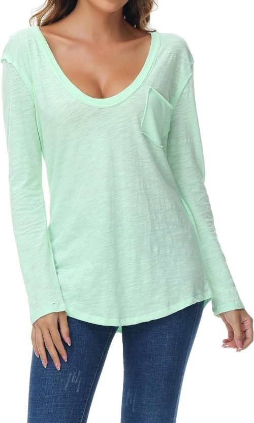 Women's Oversized T Shirts Fashion Long Sleeve Scoop Neck Top Shirts Loose fit Comfy Tees with Pockets
