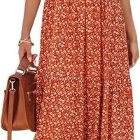 Women's Summer Casual Flutter Short Sleeve Boho Floral Maxi Dress Crew Neck Smocked Tiered Long Dresses, X-rose Red, Large