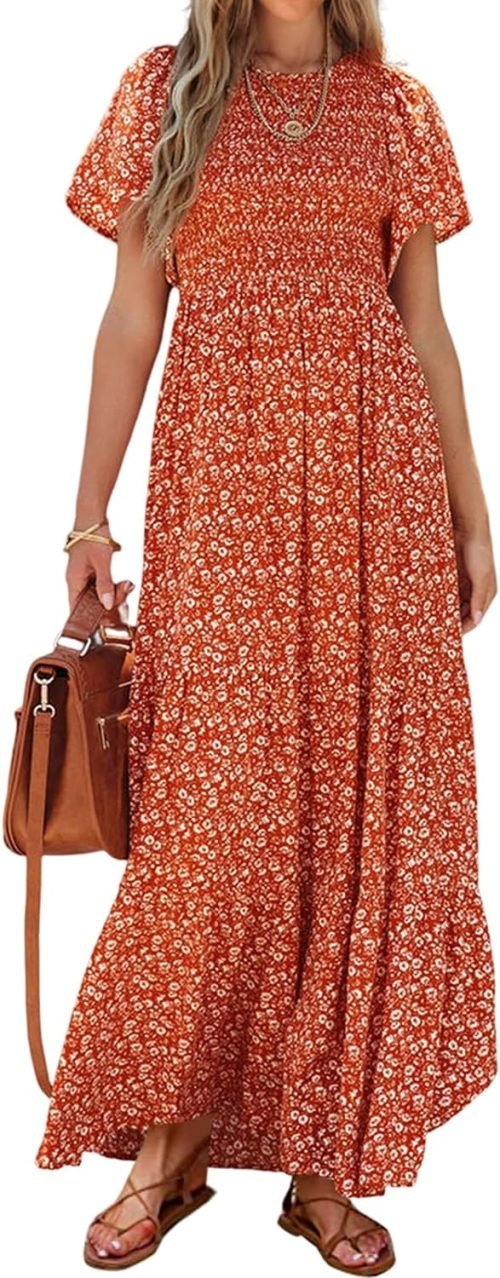 Women's Summer Casual Flutter Short Sleeve Boho Floral Maxi Dress Crew Neck Smocked Tiered Long Dresses, X-rose Red, Large