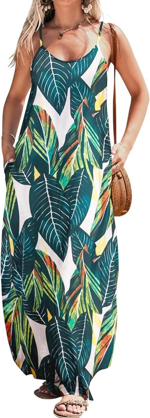 Women Summer Casual Bohemian Maxi Dress V-Neck Sleeveless Flowy Boho Floral Beach Long Dress with Pockets