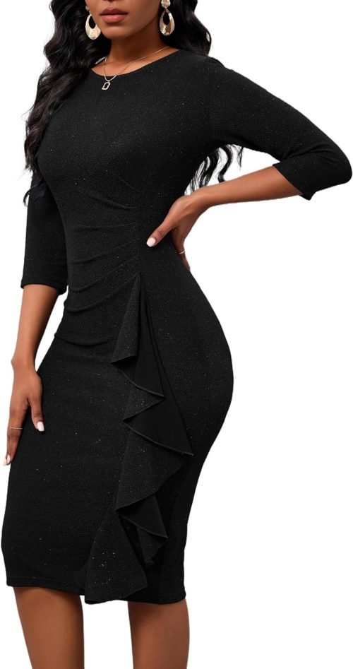 Women's Sequin Sparkly Glitter Party Club Dress Crew Neck 3/4 Sleeve Ruffle Ruched Cocktail Bodycon Midi Dress