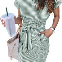 Women's Summer Striped Short Sleeve T Shirt Dress Casual Tie Waist with Pockets