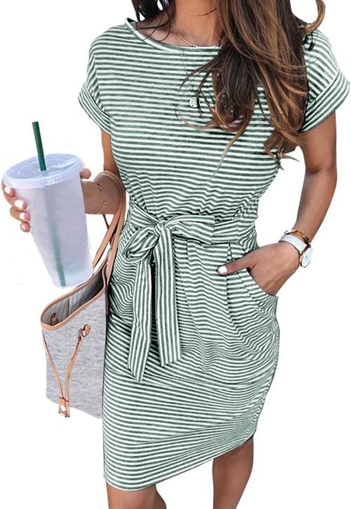 Women's Summer Striped Short Sleeve T Shirt Dress Casual Tie Waist with Pockets