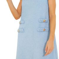 Women's Tweed Jackie Dress Crew Neck Sleeveless Elegant Vintage Button Bodycon A-line Mini Dresses