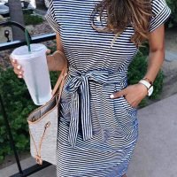 Women's Summer Striped Short Sleeve T Shirt Dress Casual Tie Waist with Pockets