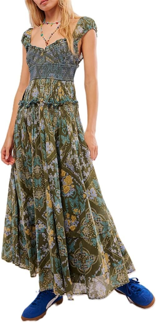 Women’s Floral Smocked Maxi Dress Boho Puff Sleeve Sweetheart A-Line Flowy Long Dresses Y2K Swing Beach Sundress