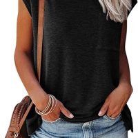 Womens Summer Short Cap Sleeve Shirts Solid Loose Fit Pocket Tunic Tops