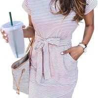 Women's Summer Striped Short Sleeve T Shirt Dress Casual Tie Waist with Pockets