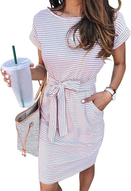 Women's Summer Striped Short Sleeve T Shirt Dress Casual Tie Waist with Pockets